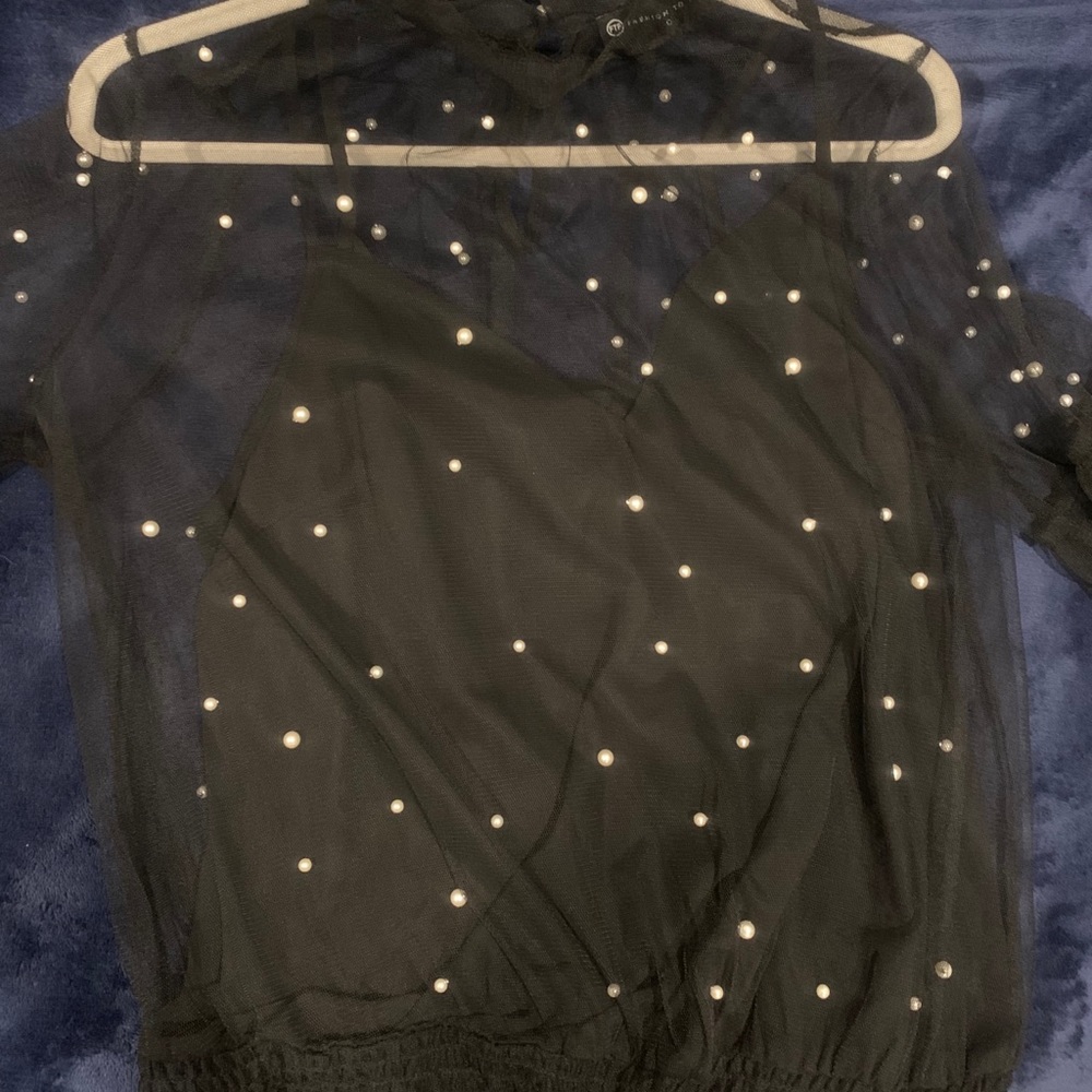 Fashion To Figure Mesh Pearl Balloon Sleeve Top